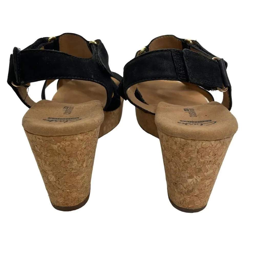 Clarks Annadel Orchid Wedge Sandals Cork Studded Heeled Black Suede 9M